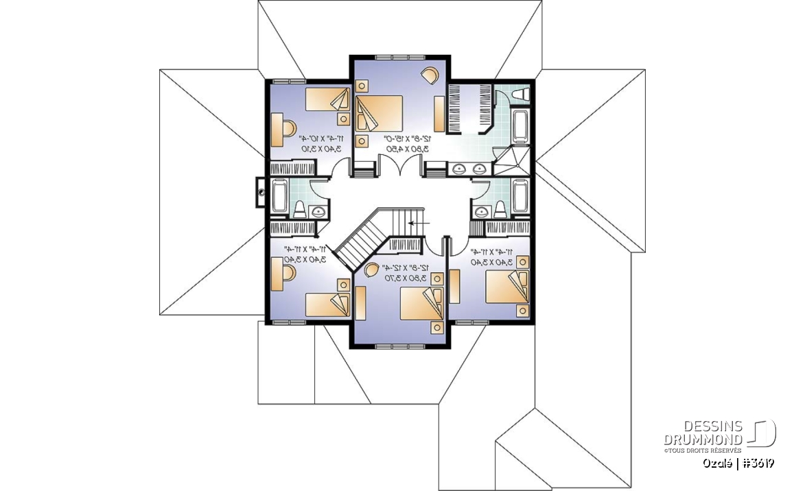 Étage - Plan de maison style Floride, 6 chambres, 5 salles de bain, 2 salons, foyer, grande cuisine, garage 3 voitures - Ozalé
