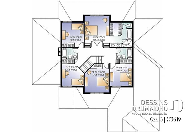 Étage - Plan de maison style Floride, 6 chambres, 5 salles de bain, 2 salons, foyer, grande cuisine, garage 3 voitures - Ozalé
