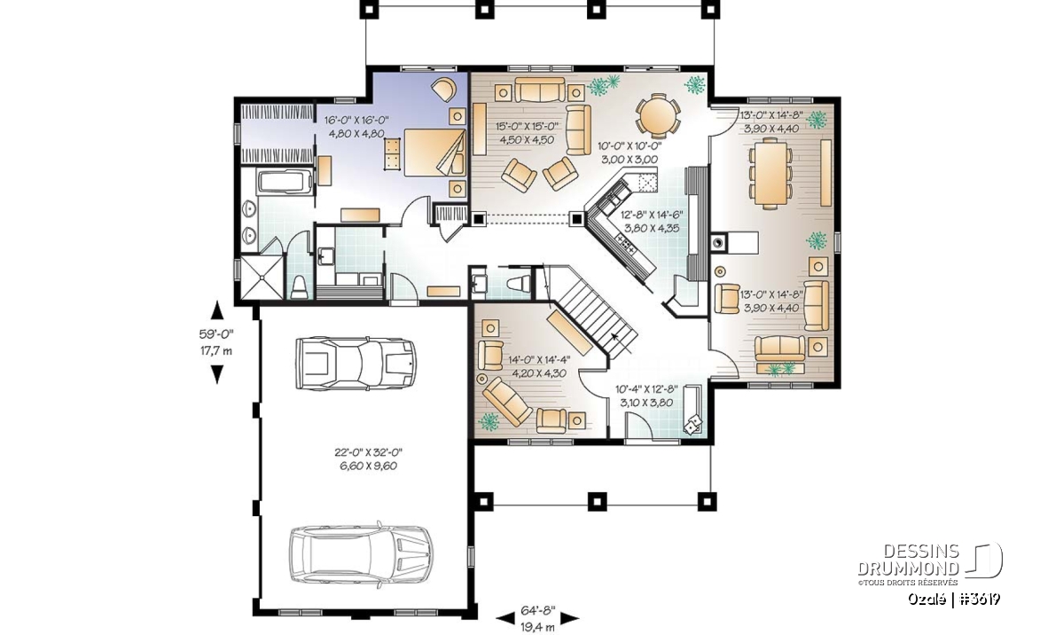 Rez-de-chaussée - Plan de maison style Floride, 6 chambres, 5 salles de bain, 2 salons, foyer, grande cuisine, garage 3 voitures - Ozalé