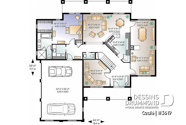 Rez-de-chaussée - Plan de maison style Floride, 6 chambres, 5 salles de bain, 2 salons, foyer, grande cuisine, garage 3 voitures - Ozalé