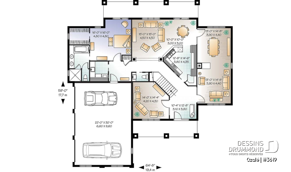 Rez-de-chaussée - Plan de maison style Floride, 6 chambres, 5 salles de bain, 2 salons, foyer, grande cuisine, garage 3 voitures - Ozalé