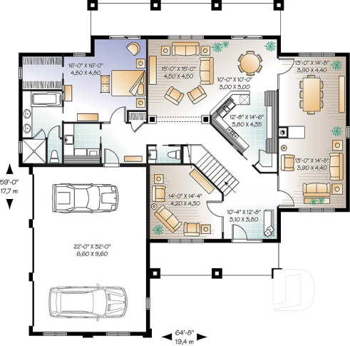 Rez-de-chaussée - Plan de maison style Floride, 6 chambres, 5 salles de bain, 2 salons, foyer, grande cuisine, garage 3 voitures - Ozalé
