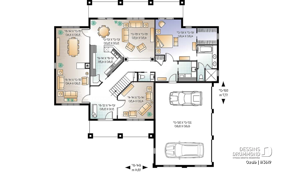 Rez-de-chaussée - Plan de maison style Floride, 6 chambres, 5 salles de bain, 2 salons, foyer, grande cuisine, garage 3 voitures - Ozalé