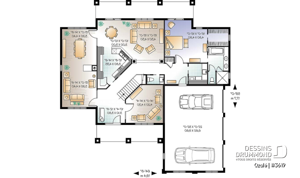 Rez-de-chaussée - Plan de maison style Floride, 6 chambres, 5 salles de bain, 2 salons, foyer, grande cuisine, garage 3 voitures - Ozalé