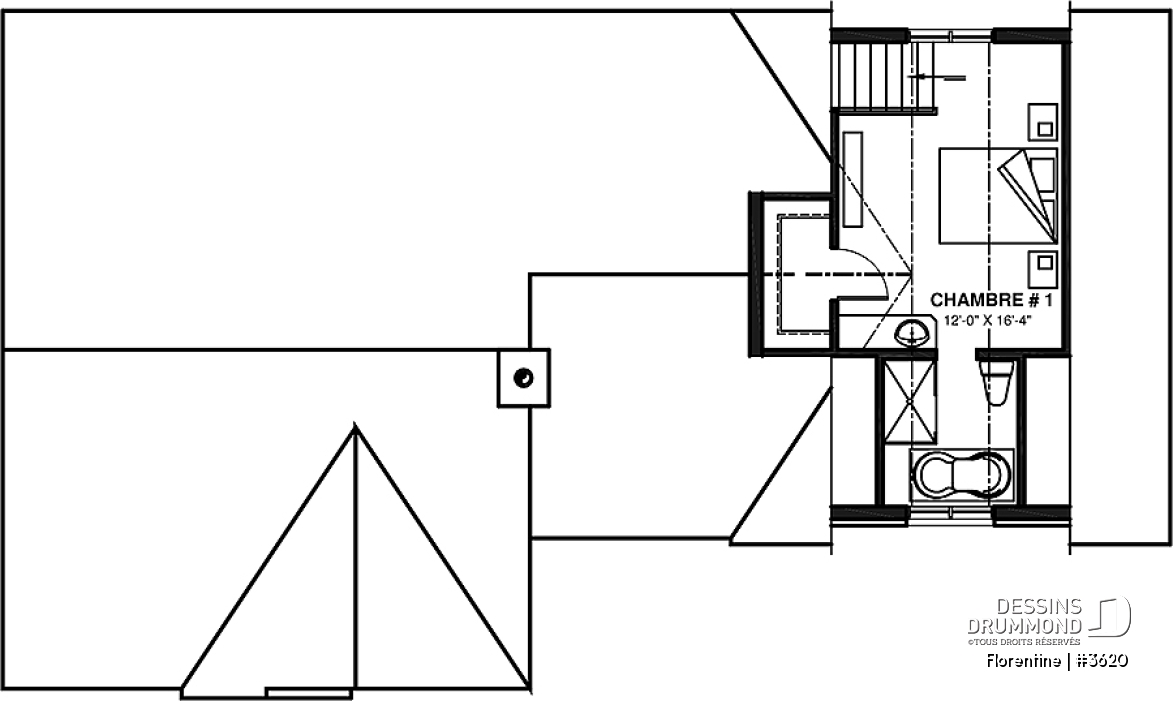 Étage - Plan de maison plain-pied, 3 chambres, garage double, espace ouvert, vestiaire - Florentine