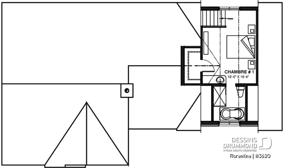 Étage - Plan de maison plain-pied, 3 chambres, garage double, espace ouvert, vestiaire - Florentine