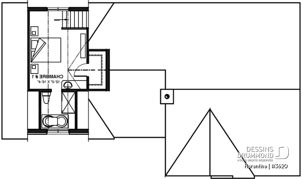 Étage - Plan de maison plain-pied, 3 chambres, garage double, espace ouvert, vestiaire - Florentine