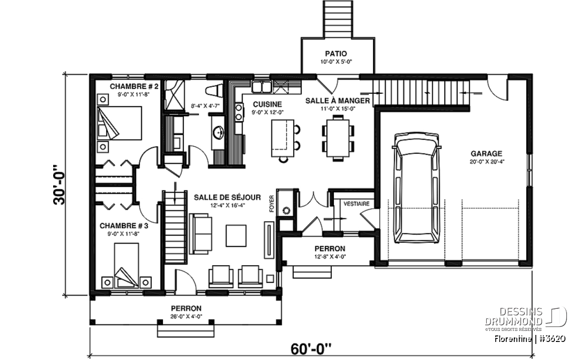 Rez-de-chaussée - Plan de maison plain-pied, 3 chambres, garage double, espace ouvert, vestiaire - Florentine
