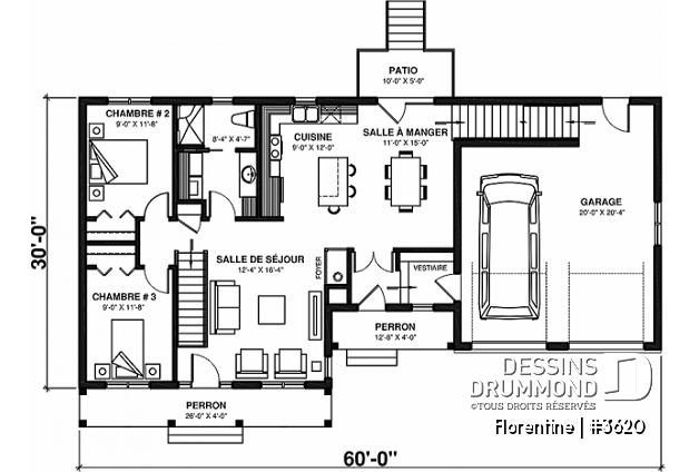 Rez-de-chaussée - Plan de maison plain-pied, 3 chambres, garage double, espace ouvert, vestiaire - Florentine