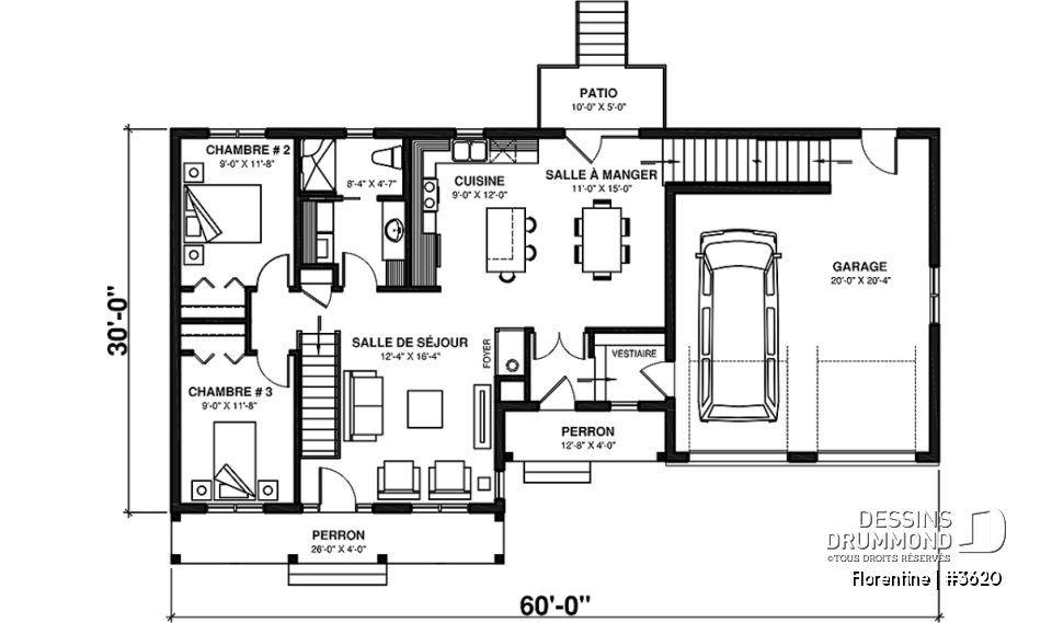 Rez-de-chaussée - Plan de maison plain-pied, 3 chambres, garage double, espace ouvert, vestiaire - Florentine