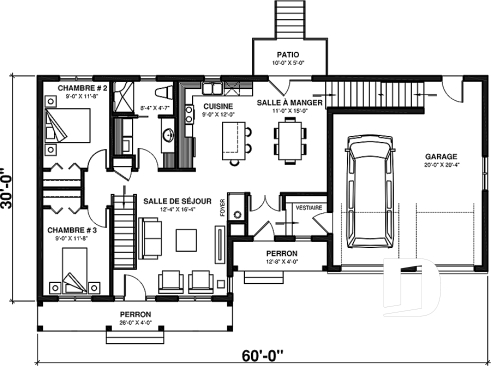 Rez-de-chaussée - Plan de maison plain-pied, 3 chambres, garage double, espace ouvert, vestiaire - Florentine