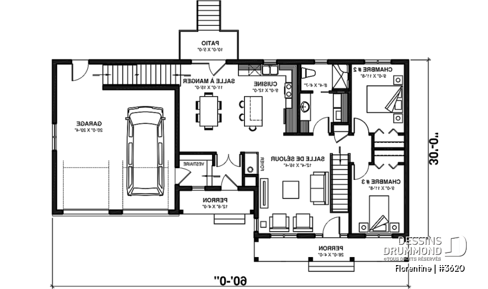 Rez-de-chaussée - Plan de maison plain-pied, 3 chambres, garage double, espace ouvert, vestiaire - Florentine