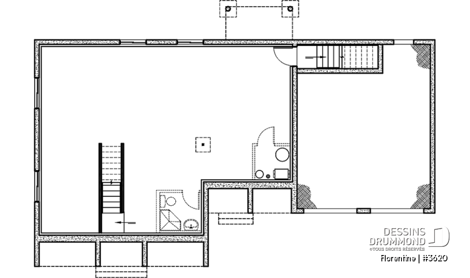 Sous-sol - Plan de maison plain-pied, 3 chambres, garage double, espace ouvert, vestiaire - Florentine