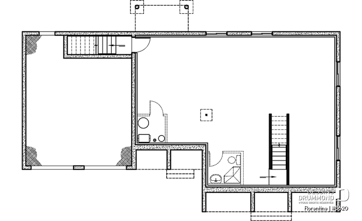 Sous-sol - Plan de maison plain-pied, 3 chambres, garage double, espace ouvert, vestiaire - Florentine