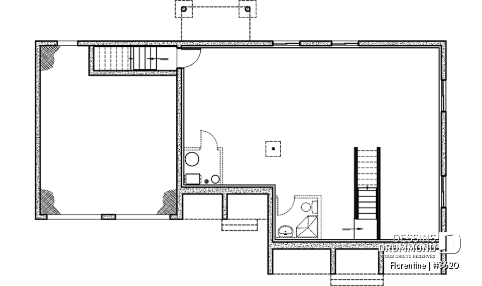 Sous-sol - Plan de maison plain-pied, 3 chambres, garage double, espace ouvert, vestiaire - Florentine