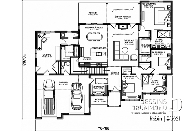 Rez-de-chaussée - Plan de maison 3 à 6 chambres + bureau, garage double, vestiaire, garde-manger suite des maîtres - Robin