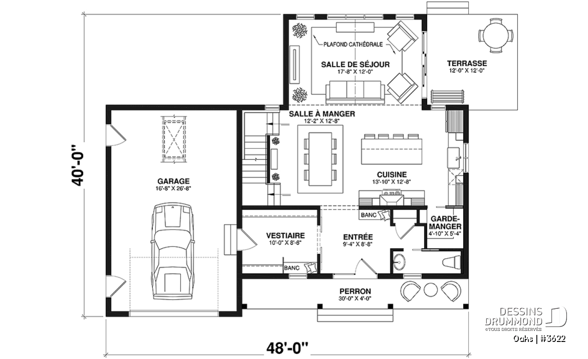 Rez-de-chaussée - Plan de maison champêtre lumineuse avec plafond cathédrale, suite parentale et accents rustiques. - Oaks