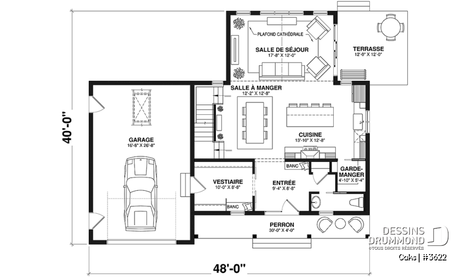 Rez-de-chaussée - Plan de maison champêtre lumineuse avec plafond cathédrale, suite parentale et accents rustiques. - Oaks