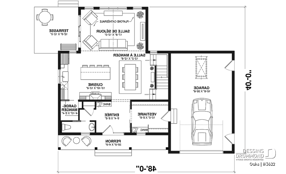 Rez-de-chaussée - Plan de maison champêtre lumineuse avec plafond cathédrale, suite parentale et accents rustiques. - Oaks
