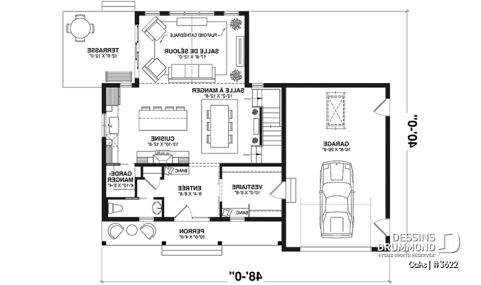 Rez-de-chaussée - Plan de maison champêtre lumineuse avec plafond cathédrale, suite parentale et accents rustiques. - Oaks