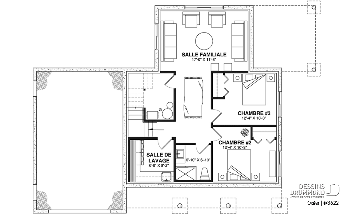 Sous-sol aménagé (Optionel $) - Plan de maison champêtre lumineuse avec plafond cathédrale, suite parentale et accents rustiques. - Oaks