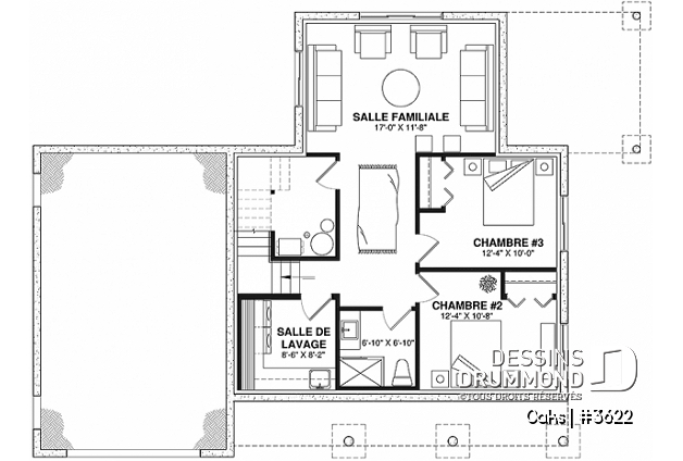 Sous-sol aménagé (Optionel $) du plan de maison unifamiliale 3622 Sous-sol aménagé (Optionel $) - Plan de maison champêtre lumineuse avec plafond cathédrale, suite parentale et accents rustiques. - Oaks