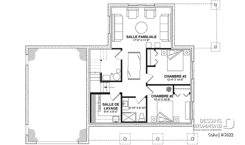 Sous-sol aménagé (Optionel $) - Plan de maison champêtre lumineuse avec plafond cathédrale, suite parentale et accents rustiques. - Oaks
