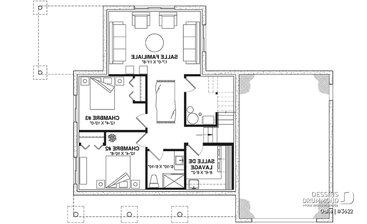 Sous-sol aménagé (Optionel $) - Plan de maison champêtre lumineuse avec plafond cathédrale, suite parentale et accents rustiques. - Oaks