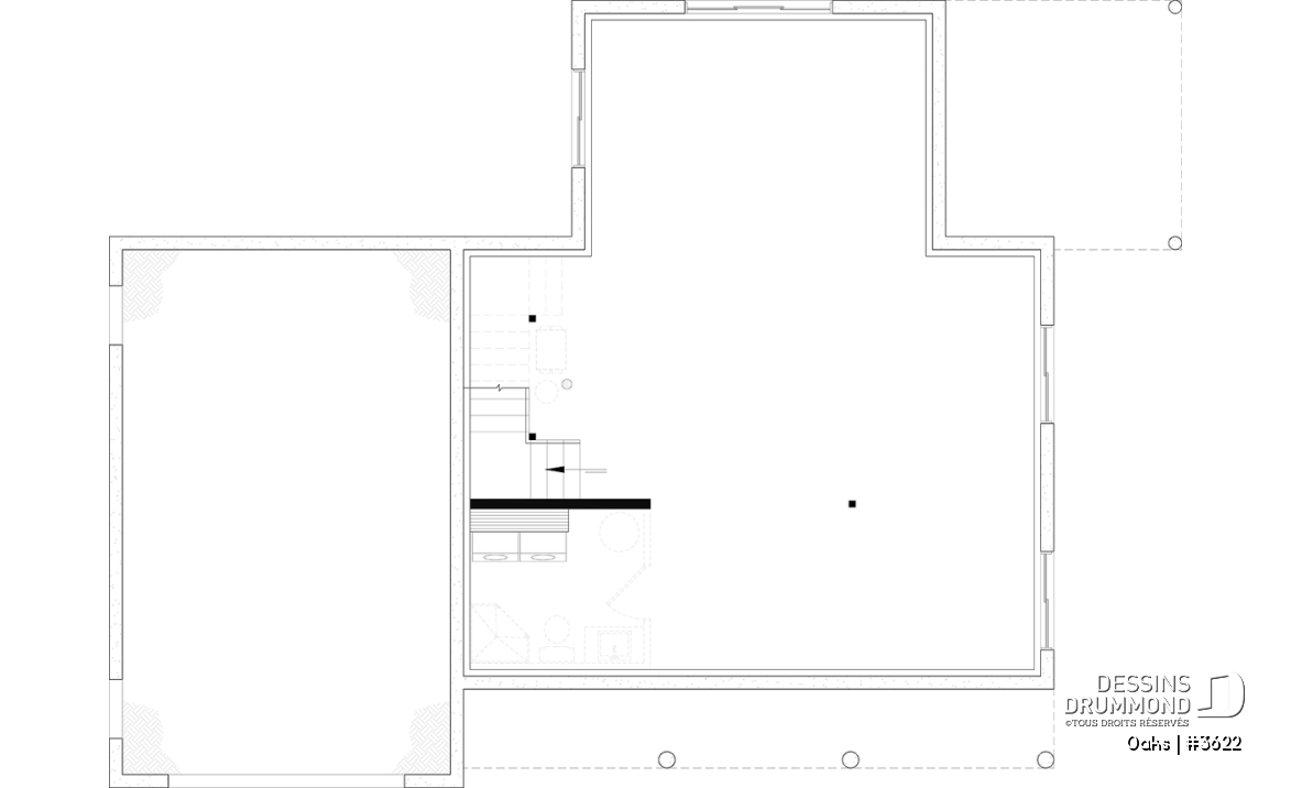 Sous-sol aménageable - Plan de maison champêtre lumineuse avec plafond cathédrale, suite parentale et accents rustiques. - Oaks