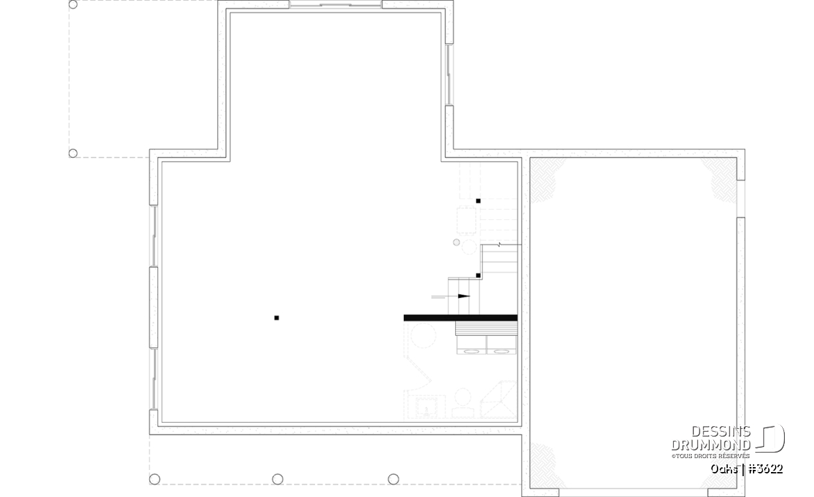 Sous-sol aménageable - Plan de maison champêtre lumineuse avec plafond cathédrale, suite parentale et accents rustiques. - Oaks