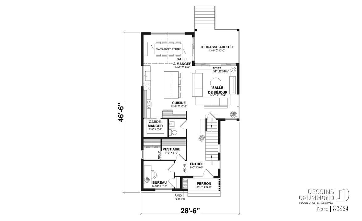 Rez-de-chaussée - Modèle de maison scandinave lumineuse avec foyer, plafond cathédrale et possibilité de 6 chambres - Nora