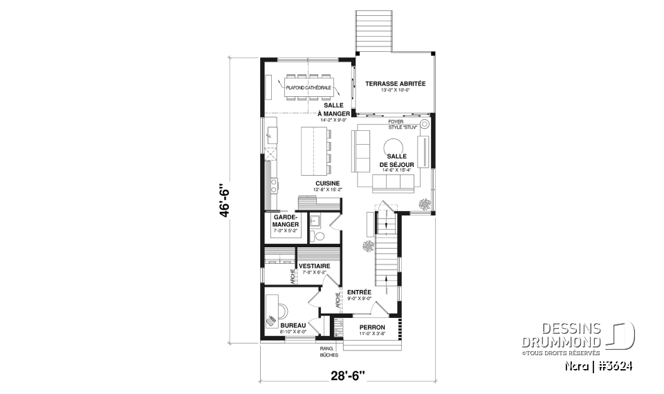Rez-de-chaussée - Modèle de maison scandinave lumineuse avec foyer, plafond cathédrale et possibilité de 6 chambres - Nora