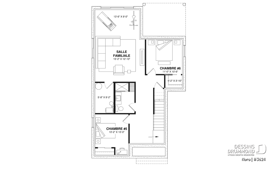 Sous-sol aménagé (Optionel $) - Modèle de maison scandinave lumineuse avec foyer, plafond cathédrale et possibilité de 6 chambres - Nora