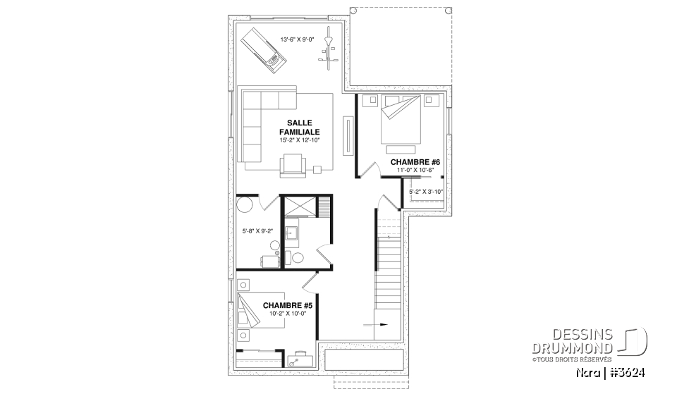 Sous-sol aménagé (Optionel $) - Modèle de maison scandinave lumineuse avec foyer, plafond cathédrale et possibilité de 6 chambres - Nora