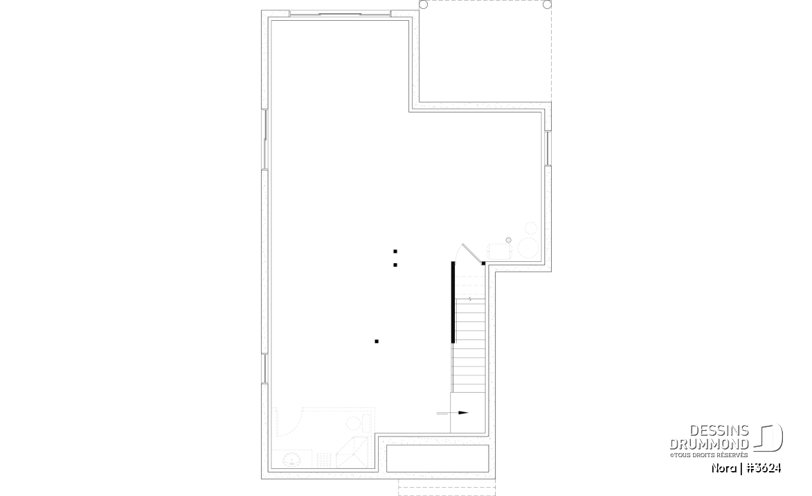 Sous-sol aménageable - Modèle de maison scandinave lumineuse avec foyer, plafond cathédrale et possibilité de 6 chambres - Nora