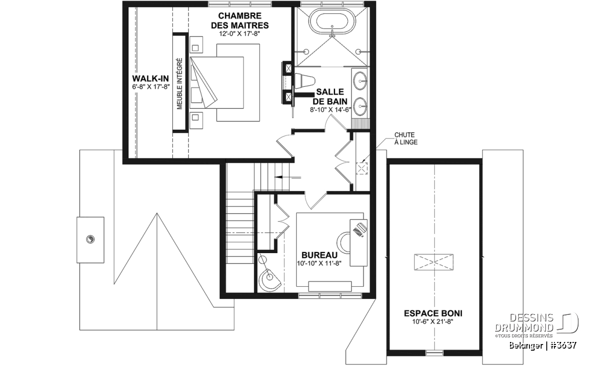 Étage - Plan de maison farmhouse moderne 2 à 4 chambres, garage, superbe salon à l'avant avec cathédrale et foyer - Belanger