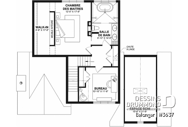 Étage du plan de maison unifamiliale 3637 Étage - Plan de maison farmhouse moderne 2 à 4 chambres, garage, superbe salon à l'avant avec cathédrale et foyer - Belanger