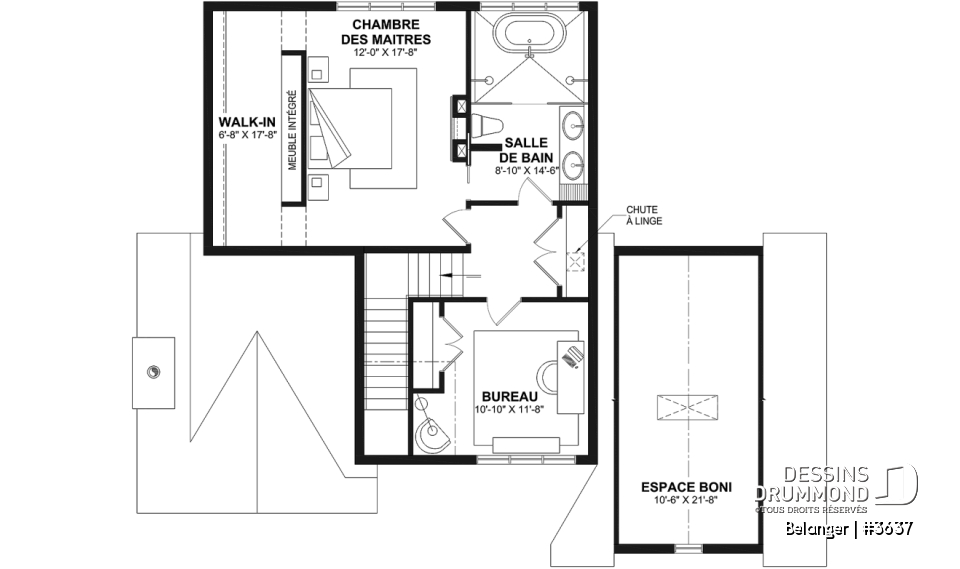 Étage - Plan de maison farmhouse moderne 2 à 4 chambres, garage, superbe salon à l'avant avec cathédrale et foyer - Belanger