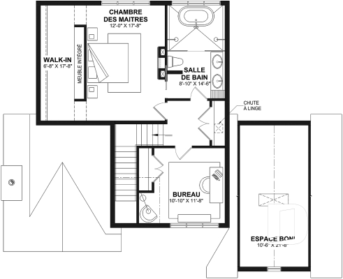 Étage - Plan de maison farmhouse moderne 2 à 4 chambres, garage, superbe salon à l'avant avec cathédrale et foyer - Belanger