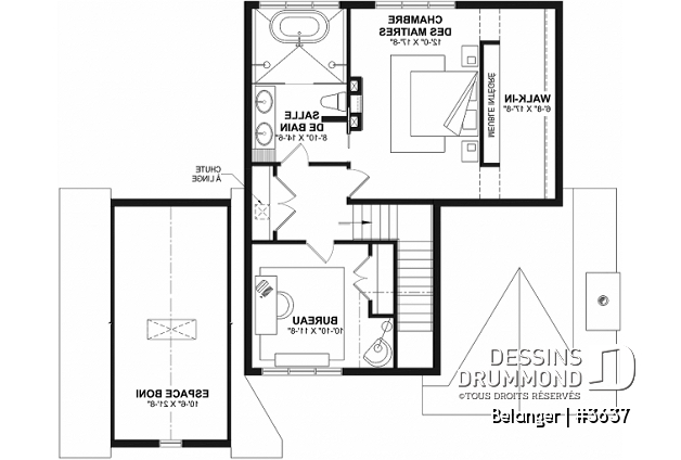 Étage - Plan de maison farmhouse moderne 2 à 4 chambres, garage, superbe salon à l'avant avec cathédrale et foyer - Belanger