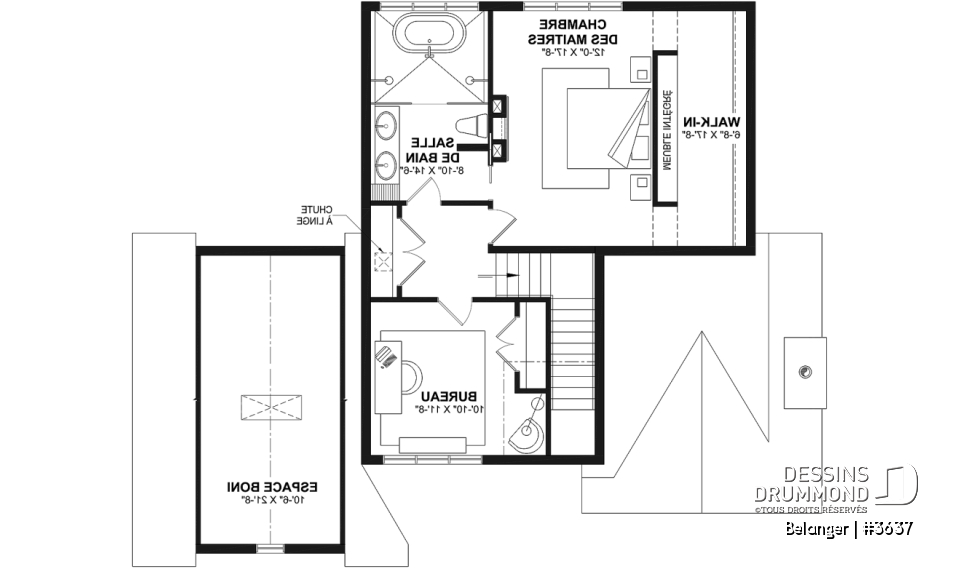 Étage - Plan de maison farmhouse moderne 2 à 4 chambres, garage, superbe salon à l'avant avec cathédrale et foyer - Belanger