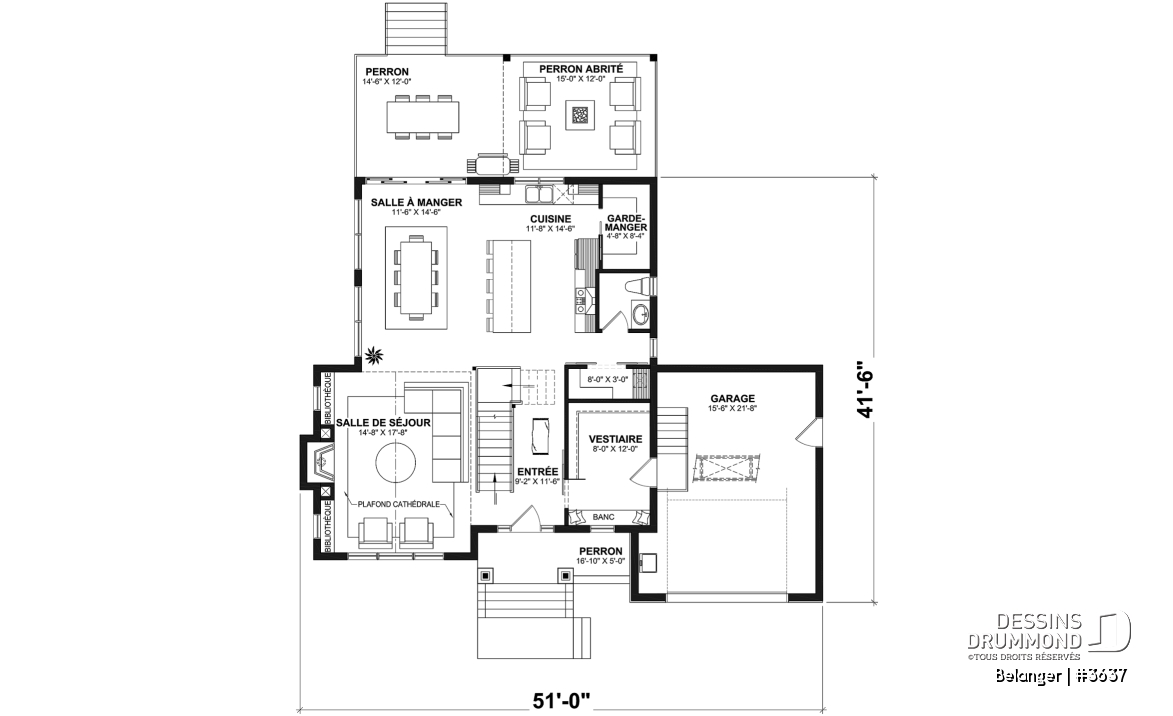 Rez-de-chaussée - Plan de maison farmhouse moderne 2 à 4 chambres, garage, superbe salon à l'avant avec cathédrale et foyer - Belanger