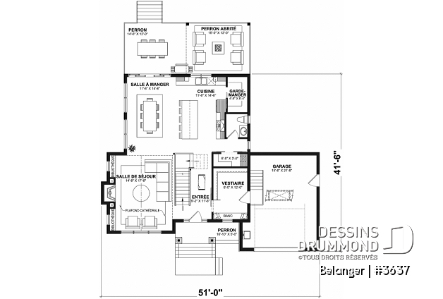 Rez-de-chaussée du plan de maison unifamiliale 3637 Rez-de-chaussée - Plan de maison farmhouse moderne 2 à 4 chambres, garage, superbe salon à l'avant avec cathédrale et foyer - Belanger