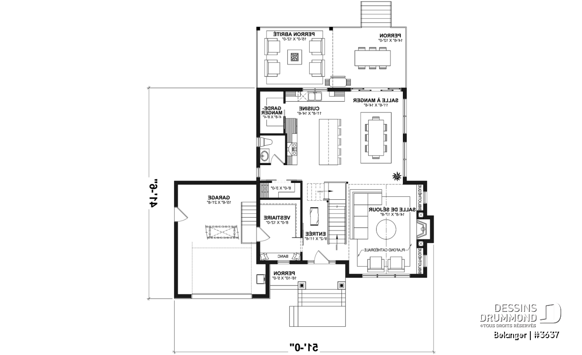 Rez-de-chaussée - Plan de maison farmhouse moderne 2 à 4 chambres, garage, superbe salon à l'avant avec cathédrale et foyer - Belanger
