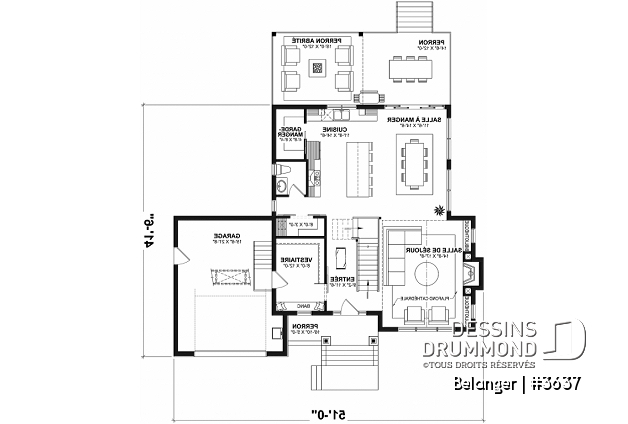 Rez-de-chaussée - Plan de maison farmhouse moderne 2 à 4 chambres, garage, superbe salon à l'avant avec cathédrale et foyer - Belanger