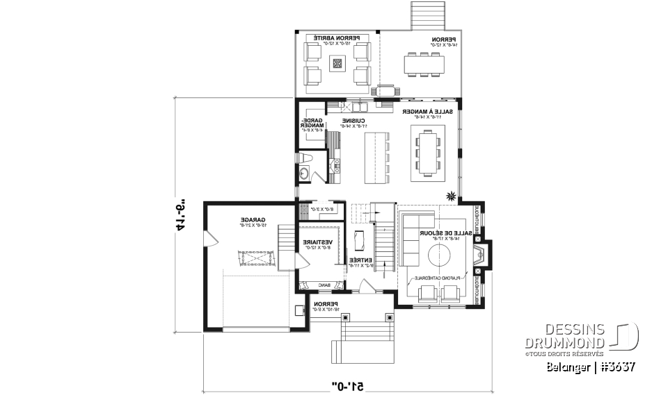 Rez-de-chaussée - Plan de maison farmhouse moderne 2 à 4 chambres, garage, superbe salon à l'avant avec cathédrale et foyer - Belanger