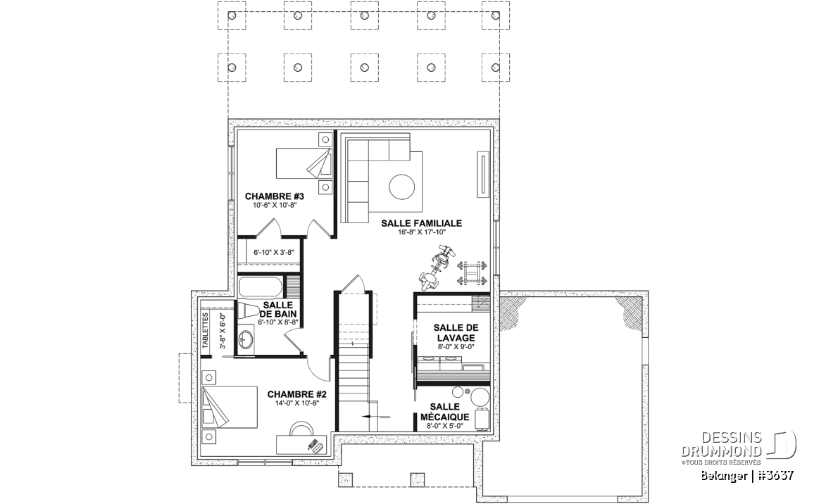 Sous-sol aménagé (Optionel $) - Plan de maison farmhouse moderne 2 à 4 chambres, garage, superbe salon à l'avant avec cathédrale et foyer - Belanger