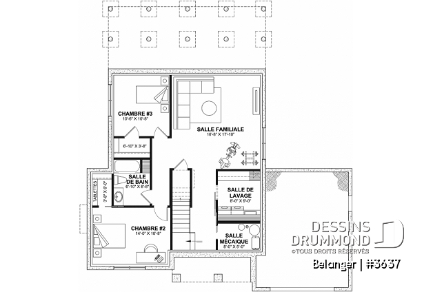 Sous-sol aménagé (Optionel $) du plan de maison unifamiliale 3637 Sous-sol aménagé (Optionel $) - Plan de maison farmhouse moderne 2 à 4 chambres, garage, superbe salon à l'avant avec cathédrale et foyer - Belanger
