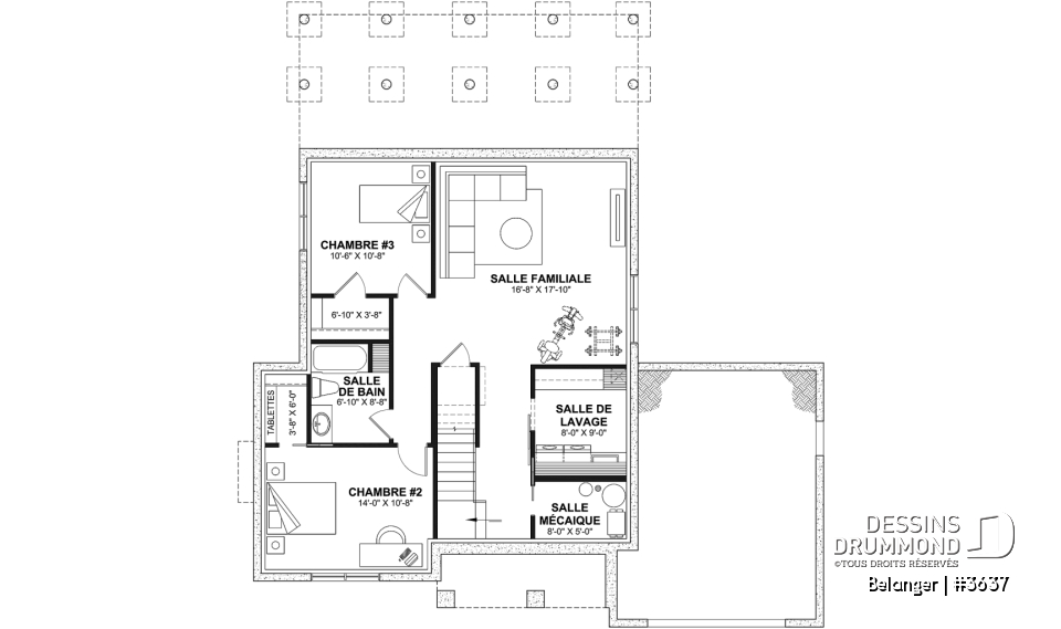Sous-sol aménagé (Optionel $) - Plan de maison farmhouse moderne 2 à 4 chambres, garage, superbe salon à l'avant avec cathédrale et foyer - Belanger