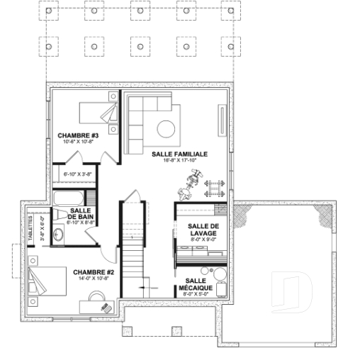 Sous-sol aménagé (Optionel $) - Plan de maison farmhouse moderne 2 à 4 chambres, garage, superbe salon à l'avant avec cathédrale et foyer - Belanger